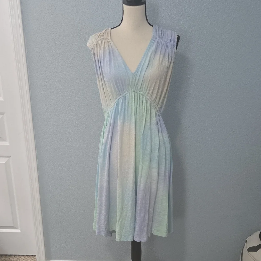 ATM Anthony Thomas Melillo Tie Dye 100% Cotton Blue Flounce Dress Sz Large - Picture 2 of 10